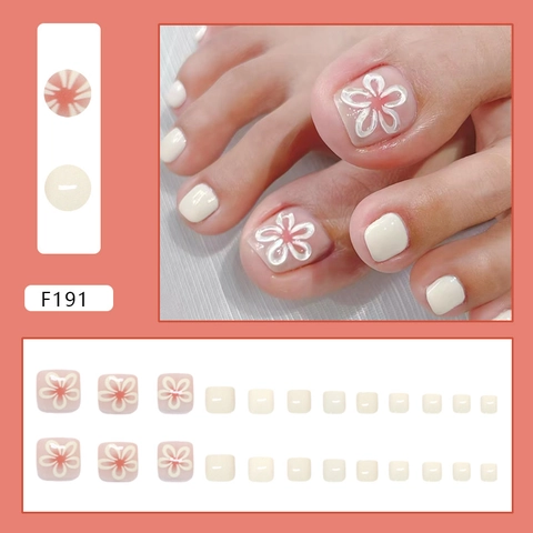 Creamy White Press On Toenails With Floral Design Glossy ABS Resin Foot Nail Art For Women Summer Decor