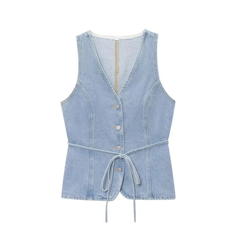 Damen Denim Weste Und Weite Hose V-Ausschnitt Ärmellos Knopfleiste Taillenband Lässige Streetwear Hellblaue Waschung