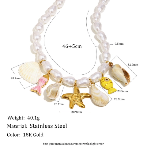 Collar De Acero Inoxidable Chapado En Oro De 18K Perlas Barrocas Artificiales Con Colgantes De Estrella De Mar Concha Pez Joyería De Playa Para Mujeres