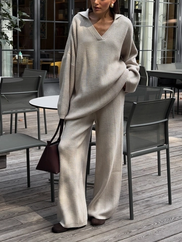 Women Knitted V Neck Sweater And Wide Leg Pants Oversized Warm Casual Winter Loungewear Minimalist Streetwear