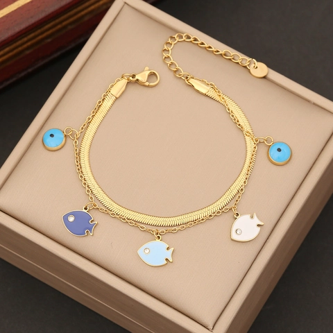 Bracciale A Strati In Acciaio Inossidabile Smalto Colorato Occhio Di Allah Cuore Elefante Ciondoli Catena Serpente Gioielli