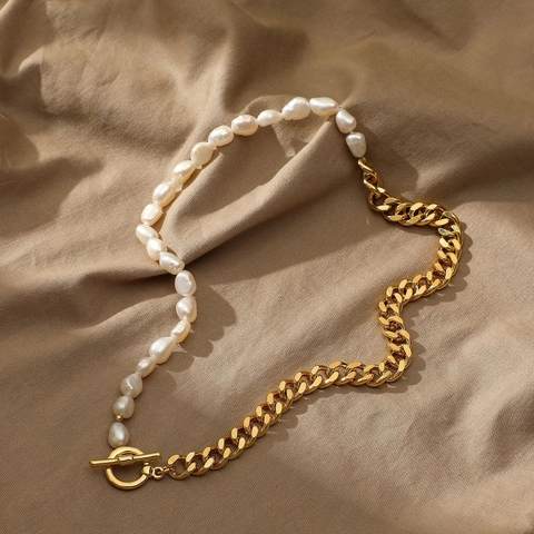 Collar De Perlas de Agua Dulce De Agua Dulce Barrocas Retro Con Cadena De Eslabones Cubanos Chapados En Oro Y Cierre De Palanca Para Mujer Hombre