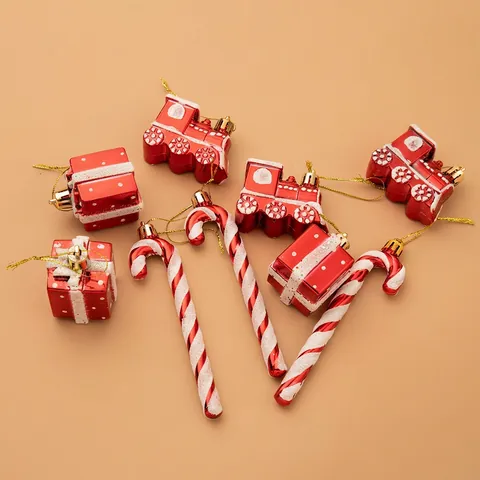 Weihnachtsbaumschmuck Bemalt Glitzer Rot Weiß Kunststoff Zug Zuckerstange Auto Geschenkbox Hängen Festliche Dekorationen