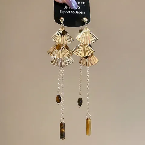 Boucles Doreilles Pendantes À Franges Feuilles De Ginkgo Avec Oeil De Tigre Et Tige En Argent Vintage Élégant Pour Femme