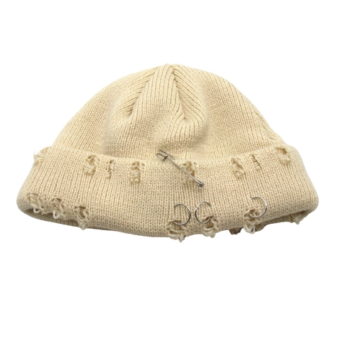 Distressed Knitted Beanie Hat With Metal Rings And Safety Pin Punk Hip Hop Streetwear Warm Winter Skull Cap For Men Women
