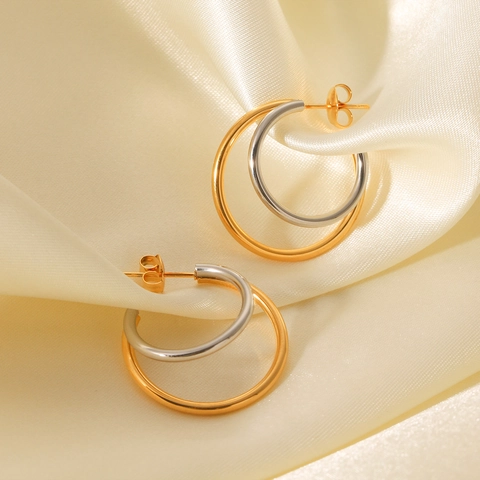 Geometrische Dubbele Ring Oorknopjes Tweekleurig Goud Zilver Roestvrij Staal Moderne Sieraden Voor Dames