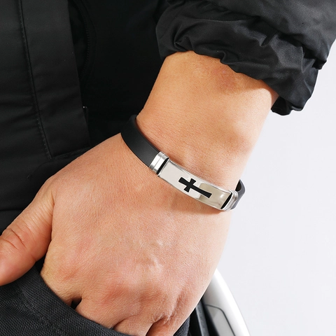 Bracciale Da Uomo Con Croce In Acciaio Inossidabile E Silicone Gioielli Stile Punk Religioso