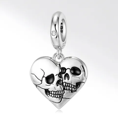 Gothic 925 Sterlingsilber Herz Doppel Totenkopf Anhänger Mit Strass DIY Schmuckherstellung Charm Zubehör Für Armbänder Damen