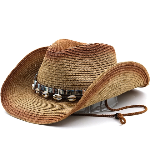 Western Cowboy Paper Straw Hat Gradient Wide Brim Sunscreen Beach Hat With Shell Trim And Adjustable Chin Strap For Women Men