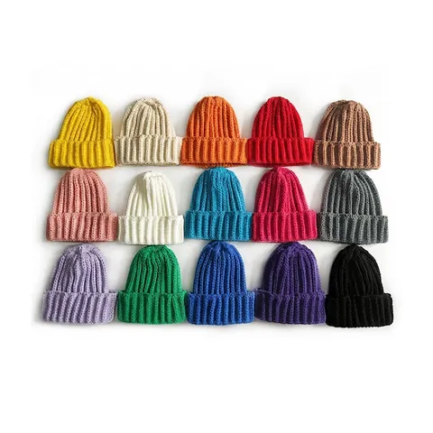 Soft Acrylic Knitted Beanie Hat For Kids Adults Warm Ribbed Solid Color Cuffed Winter Cold Weather Outdoor Skull Cap