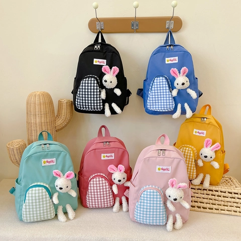 Cute Kids Backpack Nylon Waterproof Toddler School Bag With Plush Rabbit Doll And Plaid Pocket For Kindergarten Boys Girls