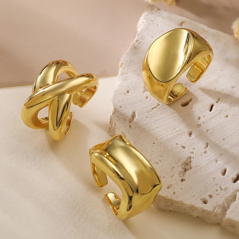 Anillo De Cobre Geométrico Irregular Minimalista Chapado En Oro Ajustable Abierto Textura De Lava Retro Para Mujer