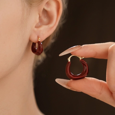 Rote Emaille Creolen Mit Silberohrstecker Echt Vergoldet U-Form Vintage Chic Geometrisch Für Damen
