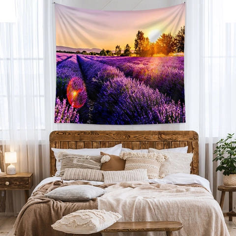 Lavendelfeld Sonnenuntergang Landschaft Tapisserie Wandbehang Polyestergewebe Böhmischer Stil Schlafzimmer Wohnzimmer Wohndekoration