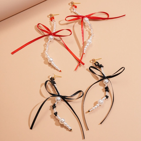 Pendientes Largos De Borla Elegantes Con Lazo De Cinta Perla Artificial De Imitación Cuentas De Vidrio Y Poste De Plata