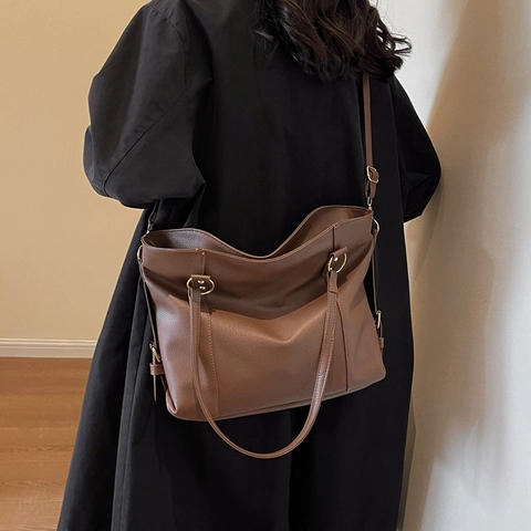 Women Large Capacity Tote Bag Litchi Grain PU Leather Retro Commuting Shoulder Crossbody Handbag Minimalist Vintage Stylish
