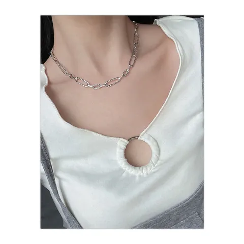 Collana A Catena Graffetta In Rame Placcato Argento Donna Texture Martellata Maglie Rettangolari Geometriche Gioielli Minimalisti