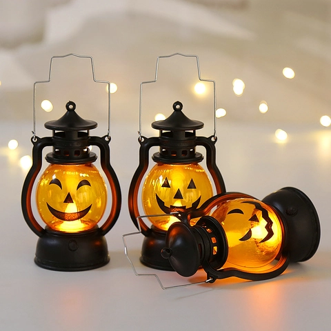 Halloween Pumpkin Lantern LED Light Up Handheld Plastic Spooky Festival Party Decoration Prop Jack-O-Lantern