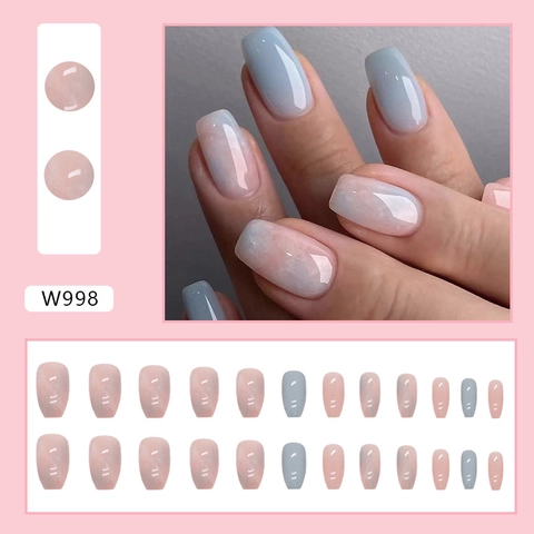 Kurze Coffin Press On Nägel Pink Blau Marmor Verlauf Gletscher Jelly Glänzende Künstliche Fingernägel Für Damen