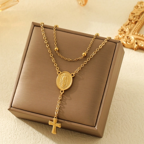 Collar De Doble Capa Con Colgante De La Virgen María Y Cruz Acero Inoxidable Chapado En Oro De 18K Joyas Religiosas Para Mujeres