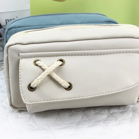 Pencil Case Large Capacity Polyester Stationery Pouch With Cross Hemp Rope Decoration Minimalist For Students