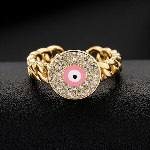Böser Blick Ring Kupfer Zirkonia Emaille Verstellbar Offen Cuban Gliederkette Schmuck Für Damen