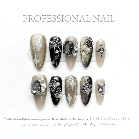 Handgemaakte Press On Nagels Gothic Sterrennacht Zwart Verloop Roos Driedimensionale Strass Kruis Lange Amandel Luxe