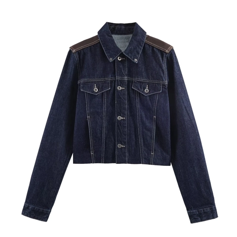 Giacca In Denim Da Donna E Pantaloni Dritti Patchwork Ecopelle Streetwear Casual Crop Top Manica Lunga Vita Alta