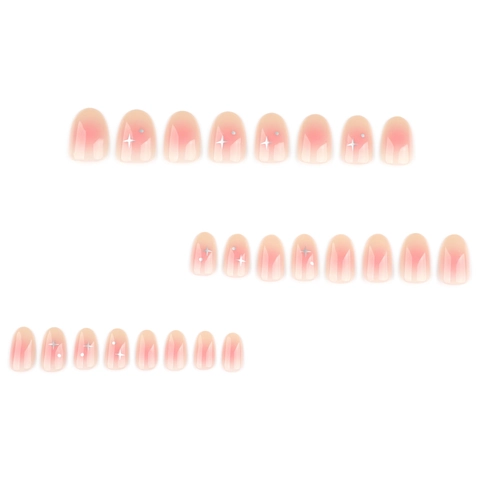 Press On Nägel Blush Ombre Silberstern Muster Kurz Rund Glänzend Künstliche Fingernägel Für Damen