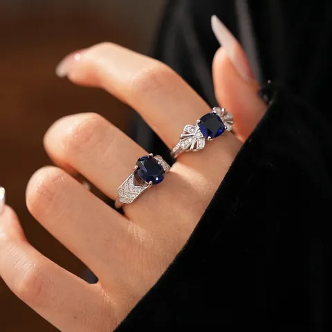Verstellbarer Offener Ring Kupfer Zirkonia Blauer Edelstein Geometrisch Blatt Luxus Modeschmuck Damen