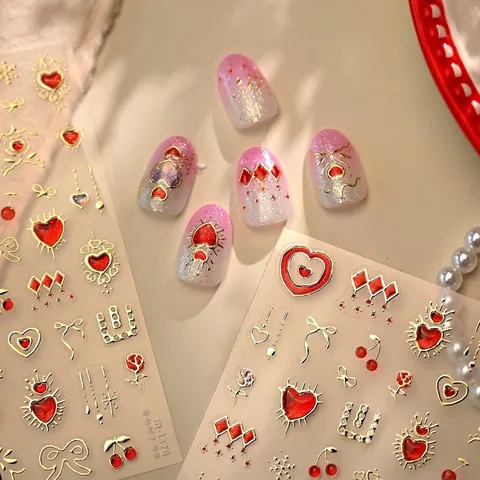 Adesivi Per Nail Art In Rilievo 3D Bordo Oro Cuore Rosso Fiocco Design Stile Lolita Vintage Decorazione Per Manicure