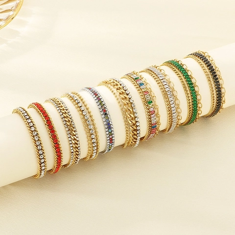 Layered Stainless Steel Bracelet With Colorful Cubic Zirconia Adjustable Fashion Jewelry For Women
