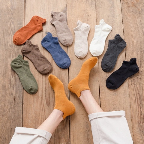 Men Ankle Socks Cotton Blend Breathable Sweat Absorbing Casual Low Cut Solid Color Cable Knit Arch Support