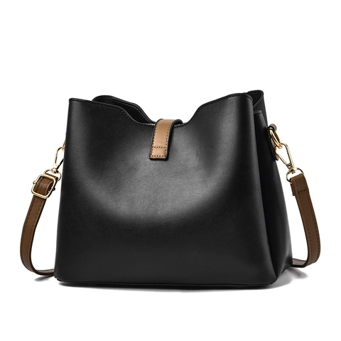 Women PU Leather Bucket Bag Contrast Color Large Capacity Shoulder Crossbody Handbag Gold Hardware Street Style Fashion