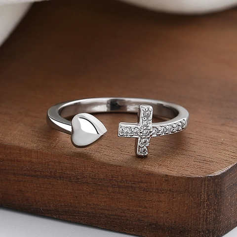Copper Open Adjustable Ring With Zircon Cross And Heart Geometric Fashion Jewelry For Women