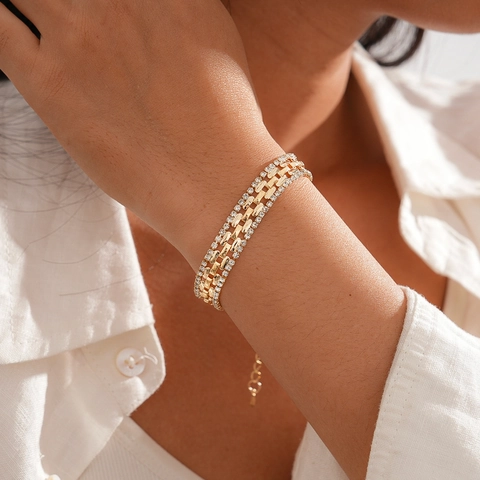 Bracciale Geometrico In Lega Strass Traforato Cuciture Quadrate Vintage Lusso Gioielli Di Moda Per Donna Catena Regolabile