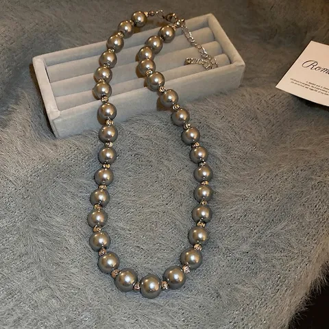 Grey Faux Artificial Pearl Necklace With Alloy Spacer Beads Elegant French Style Choker Jewelry For Women Daily Wear Accessory