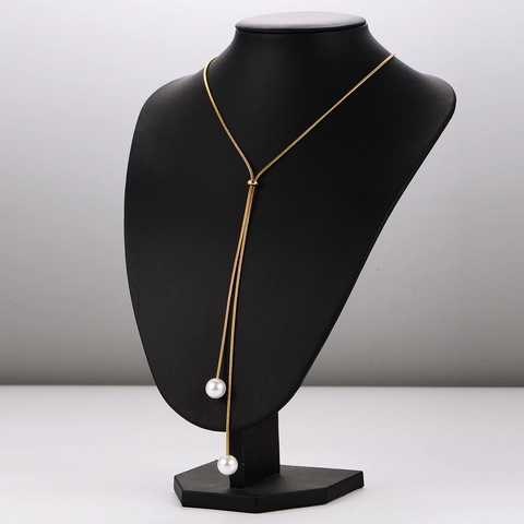 Long Adjustable Lariat Necklace 304 Stainless Steel Faux Artificial Pearl Metal Bead Y Shape Snake Chain Minimalist Jewelry For Women