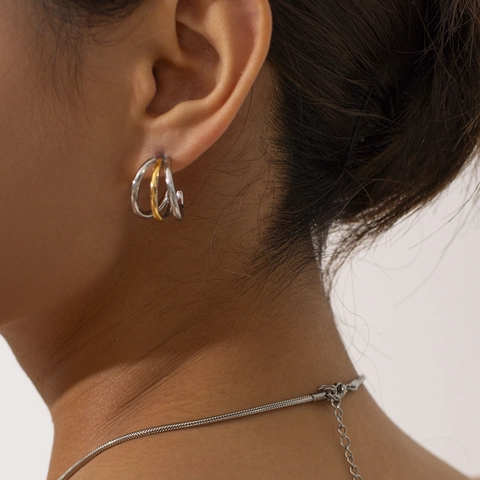 Orecchini A Cerchio A Triplo Strato Placcati In Oro 18K Acciaio Inossidabile Bicolore Intrecciati Minimalisti Da Donna