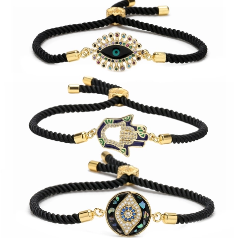 Bracciale Mano Di Fatima Malocchio Rame Micro Pavè Zirconia Corda Intrecciata Regolabile Gioielli Etnici