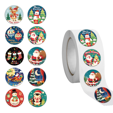Christmas Stickers Round Adhesive Labels Holiday Decorative Seals Santa Snowman Patterns Washi Paper Envelope Decor