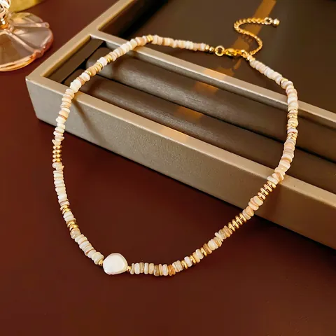 Collar De Cuentas Cobre Con Concha Y Perla Artificial De Agua Dulce Barroca Irregular Chapado Oro 14K Ajustable Choker Mujer