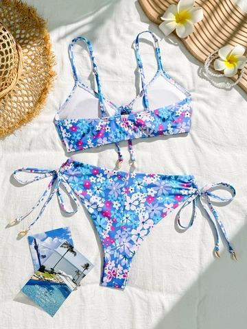 Bloemenprint Bikini Top Met Broekje Met Strikjes Geruwd Spaghettibandjes Schelpdecoratie Voor Dames Strand Badmode