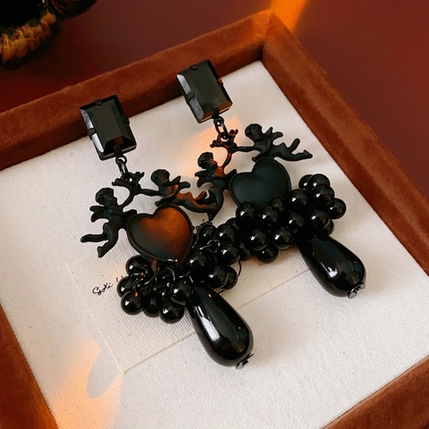 Pendientes Colgantes Góticos Negros Con Poste De Plata Ángel Cupido Corazón Aleación Cuenta Borla Gota Joyería Para Mujeres