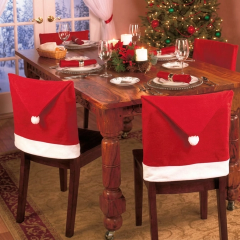 Christmas Santa Hat Chair Covers Non-Woven Fabric Red And White Decorative Dining Back Covers Festive Party Ornament Home Kitchen Restaurant Banquet Decor