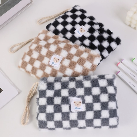 Plush Checkerboard Pencil Case Cute Bear Makeup Bag Fuzzy Portable Cosmetic Storage Pouch With Hand Strap Ins Style