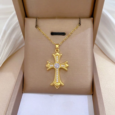 Collana Con Pendente A Croce Lusso Catena In Acciaio Inossidabile Rame Zircone Micro Intarsiato Gioielli Eleganti Donna