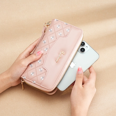 Damen Geldbörse Lang PU Leder Gesteppt Diamant Blumenmuster Doppelreißverschluss Handgelenkschlaufe Elegante Clutch