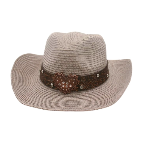 Women's Western Cowboy Straw Hat With Rhinestone Heart Buckle Breathable Sun Protection Ethnic Style Summer Beach Hat