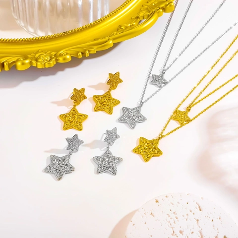 Minimalistisches Edelstahl Doppel Layer Stern Anhänger Halskette Und Stern Ohrstecker Schmuck Set Für Damen Gold Silber